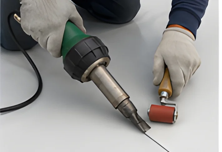 Gloved hands heat-welding a white single-ply membrane seam with a hot-air gun and seam roller