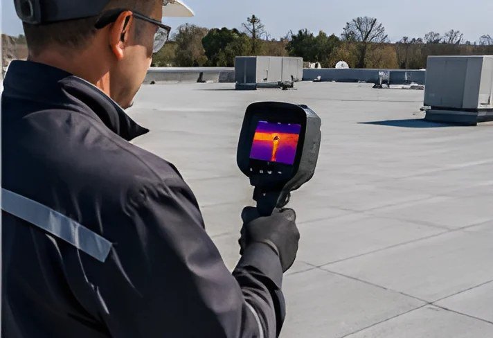 Technician holding a thermal camera while scanning a flat commercial roof for wet insulation